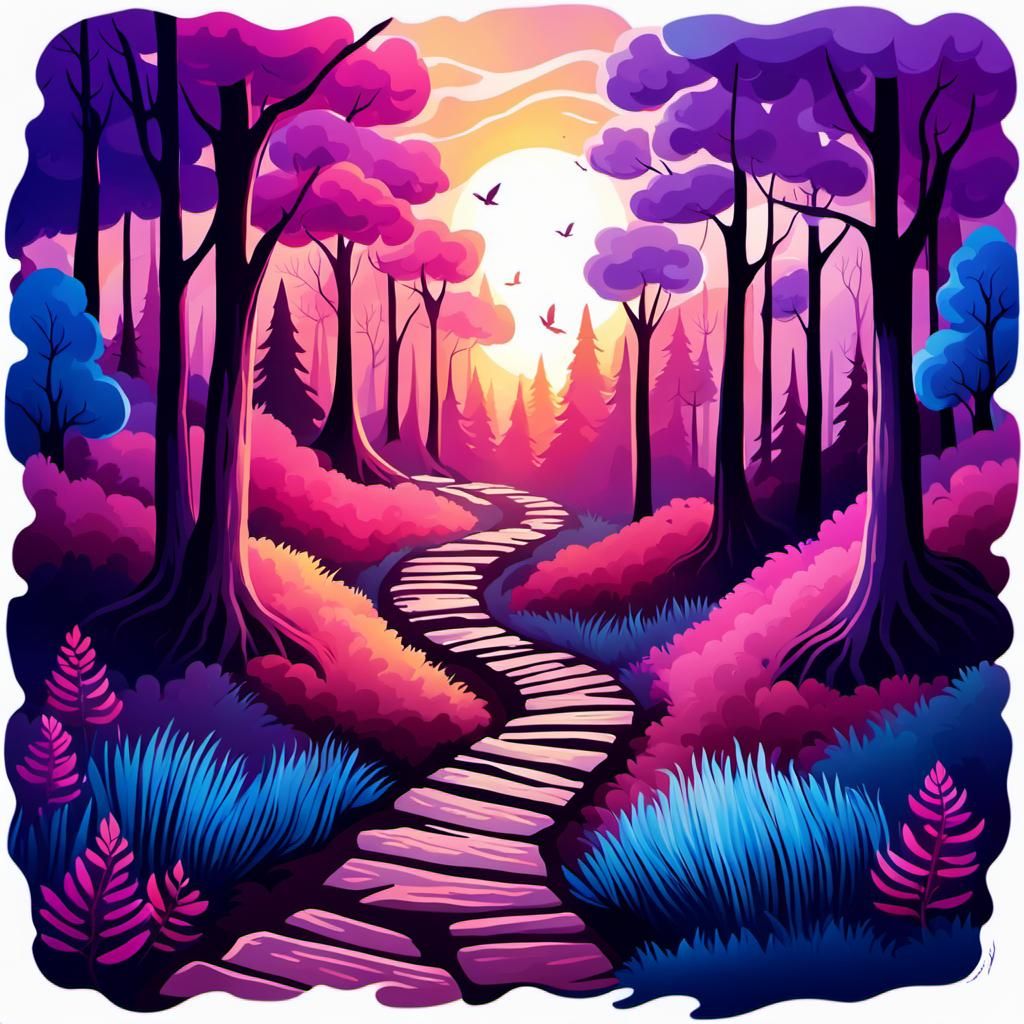 Whimsical Hand-Painted Forest Path at Sunset