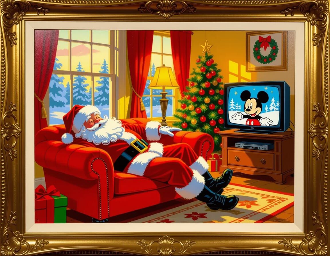 On a bright red 4 sitter settee, Santa is lying asleep after...