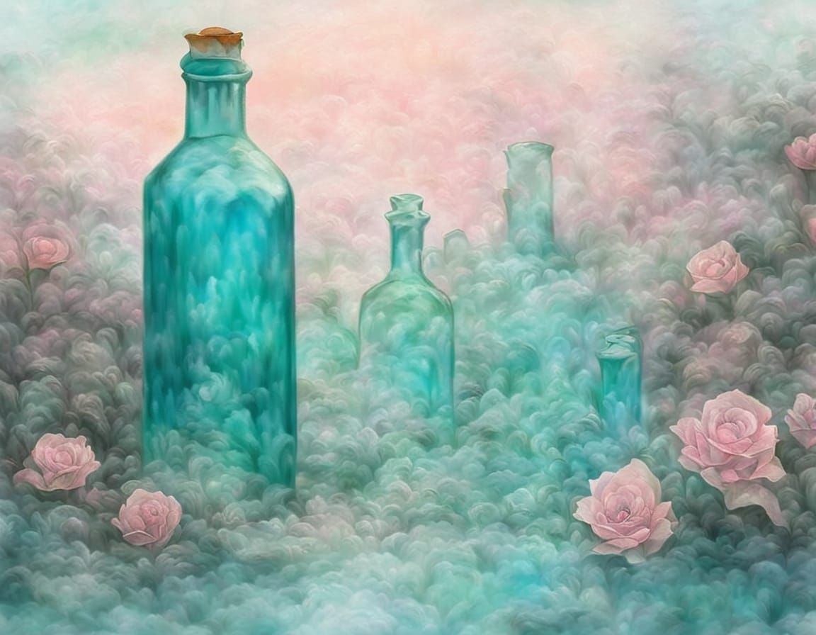 Glowing Aqua Glass Bottle with Ethereal Crystal Shards