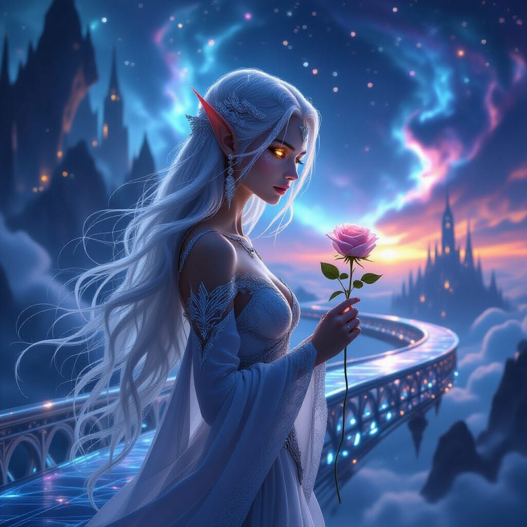 Ancient Elf on Crystalline Bridge Over Nebula