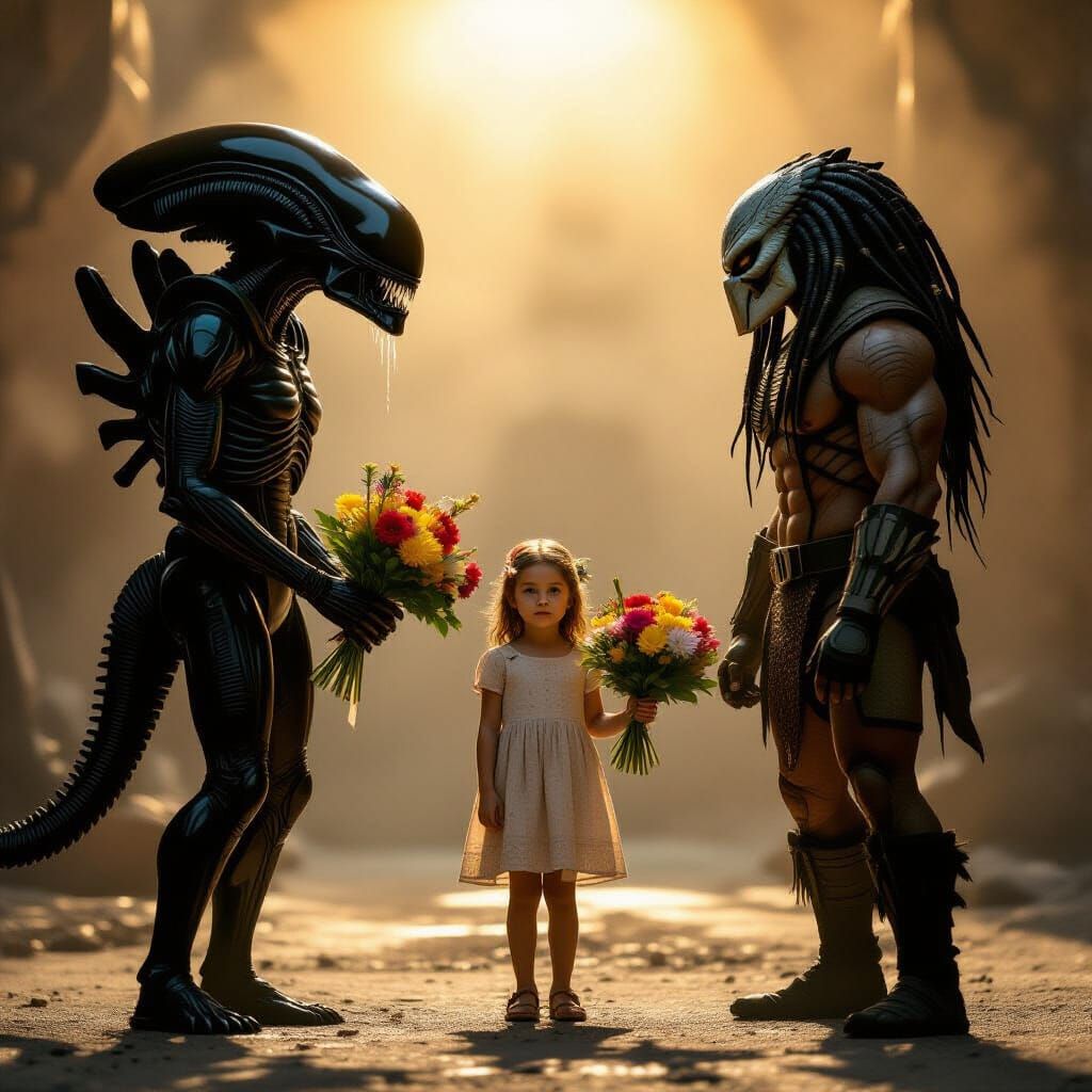 Alien vs Predator: Girl Offering Flowers in Peacetime
