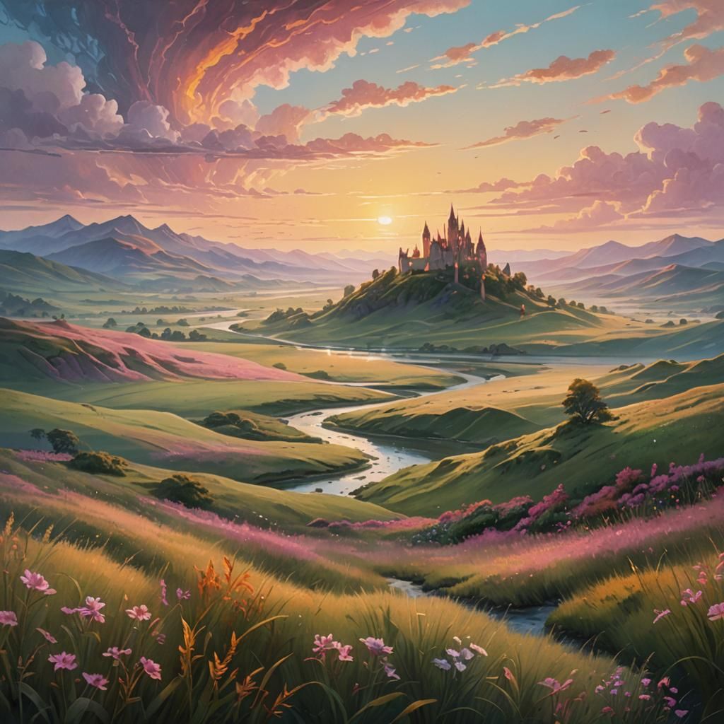 Tranquil Dawn Landscape with Ancient Castle