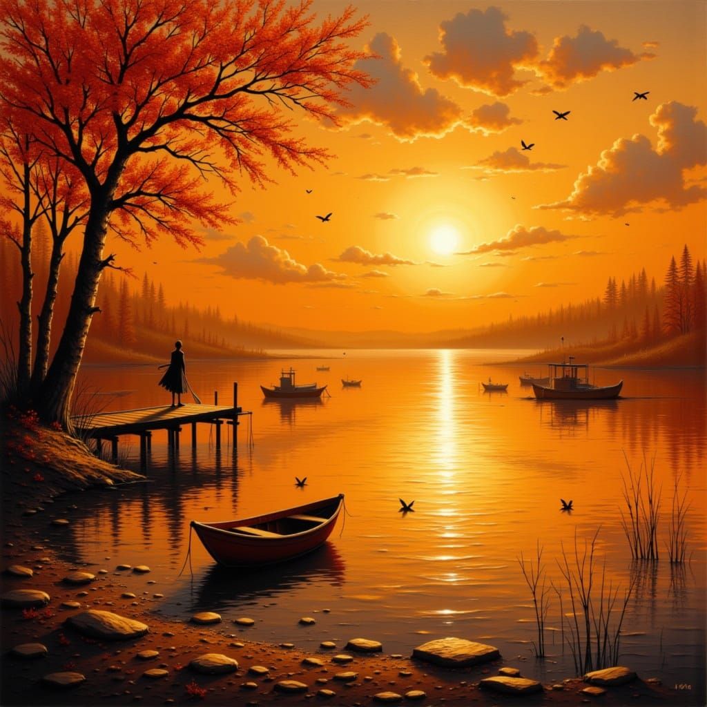 Golden Orange Sunset Over Glistening Lake
