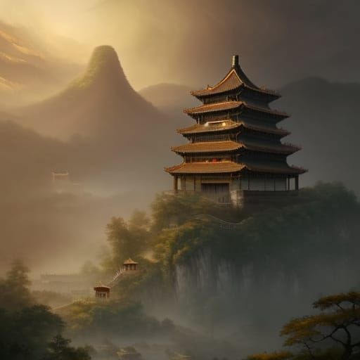 Chinese Fortress in Maple Forest: Digital Masterpiece
