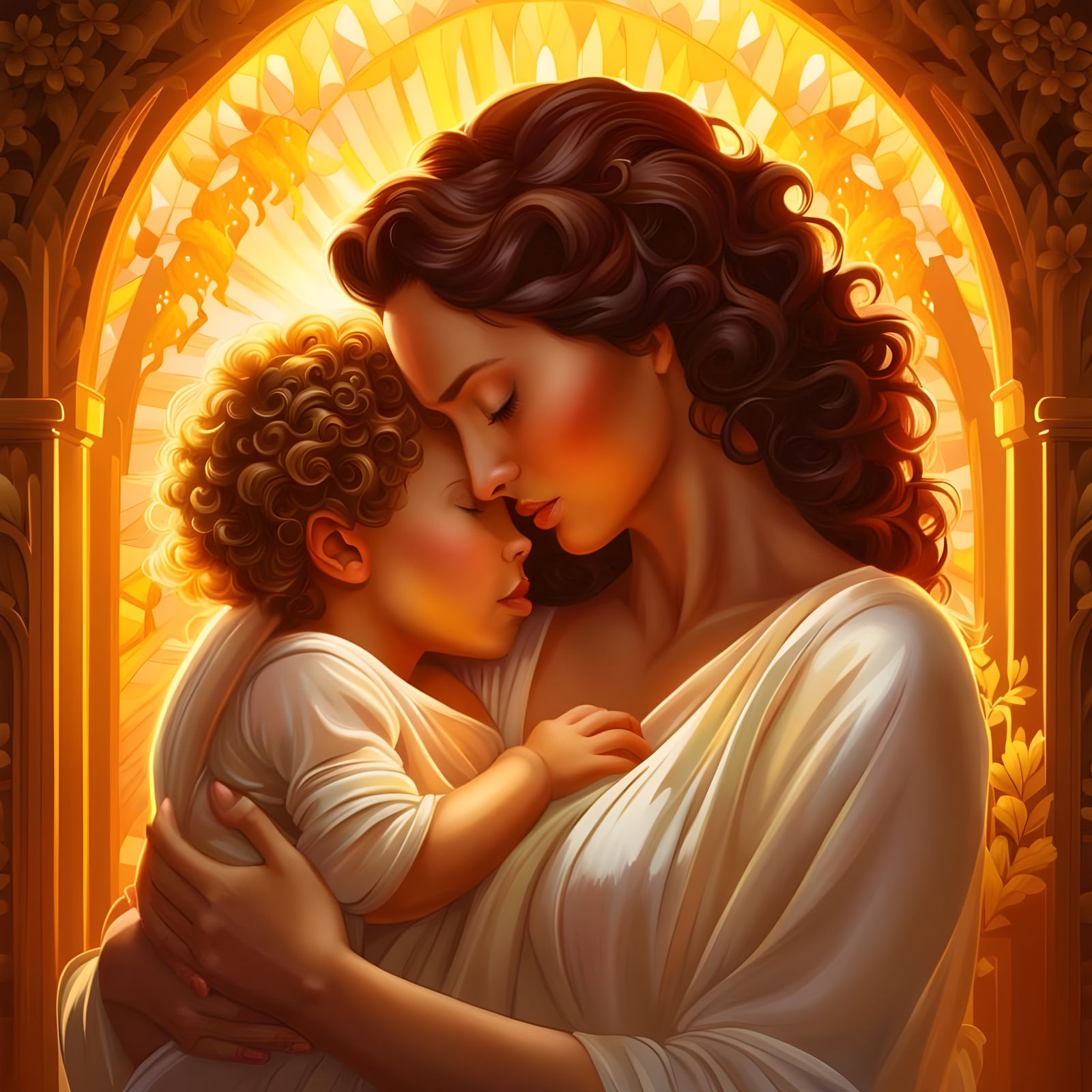 Mother and Newborn Embrace in Radiant Cel-Shaded Art