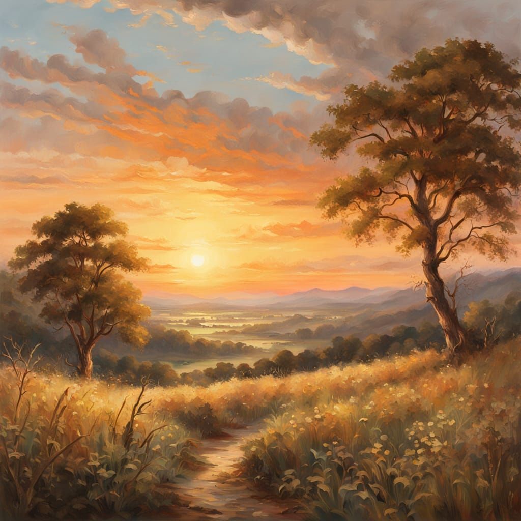 Vibrant Sunset Over Peaceful Valley in John Constable Style