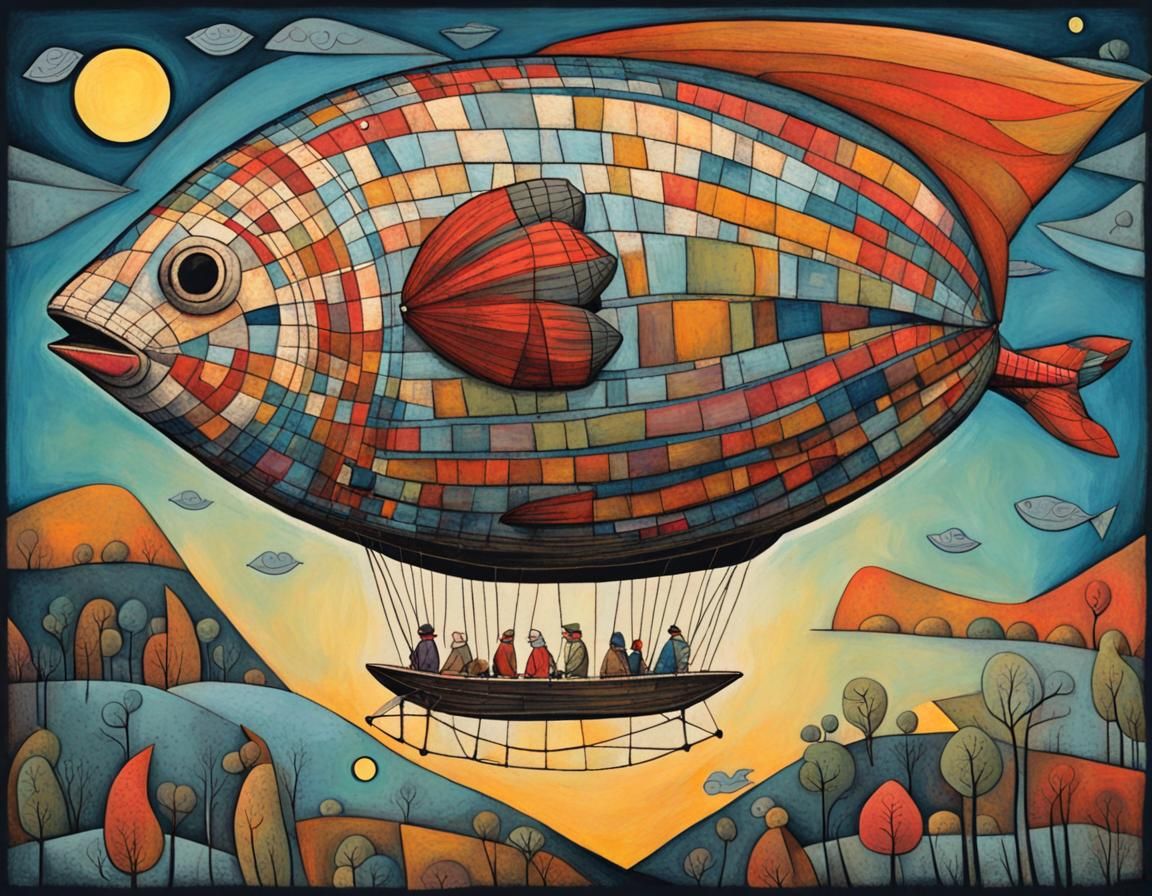 Cubist Fish Dirigible Adventure in Moonlit Sky