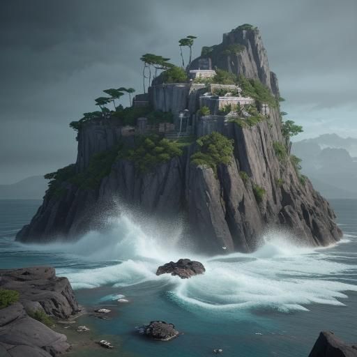Dramatic Island Outcrop in Detailed Matte Painting