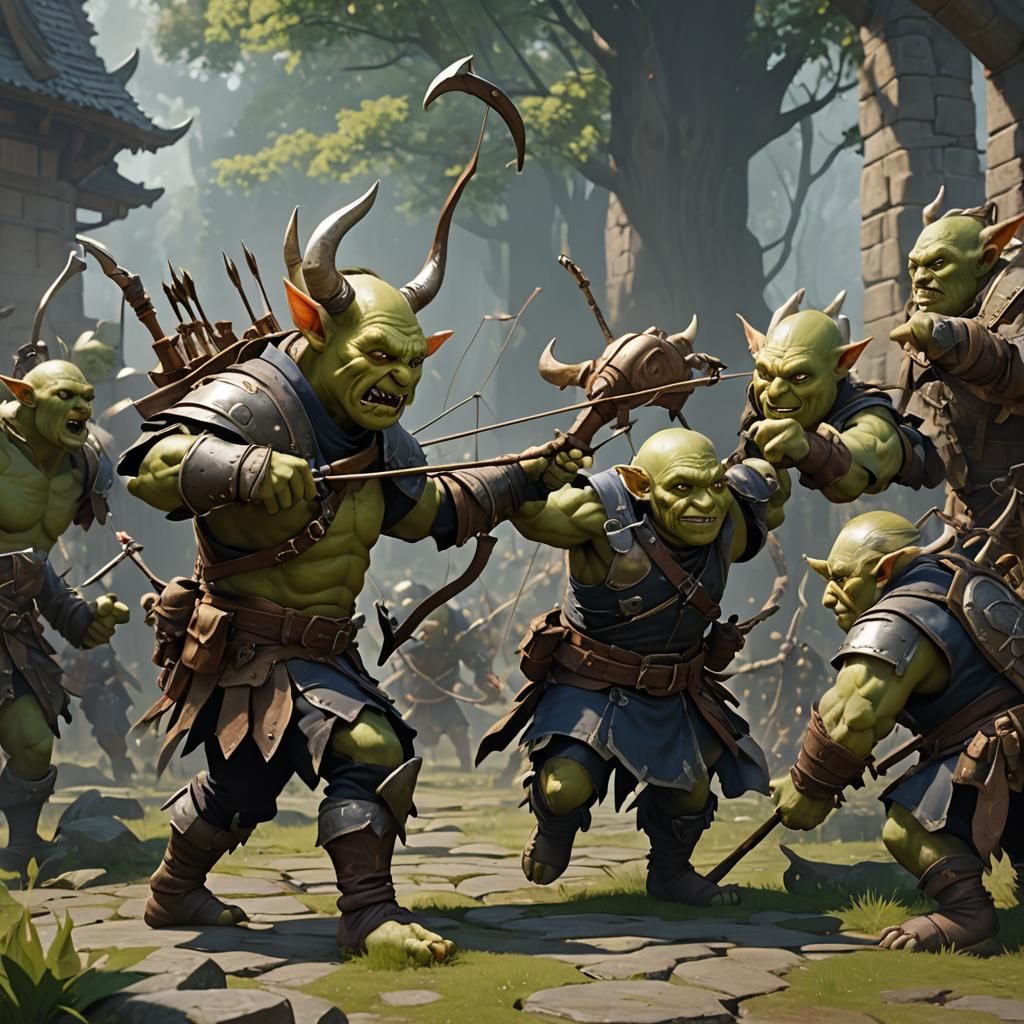 Goblin Archer vs Ogre in 3D Anime Style