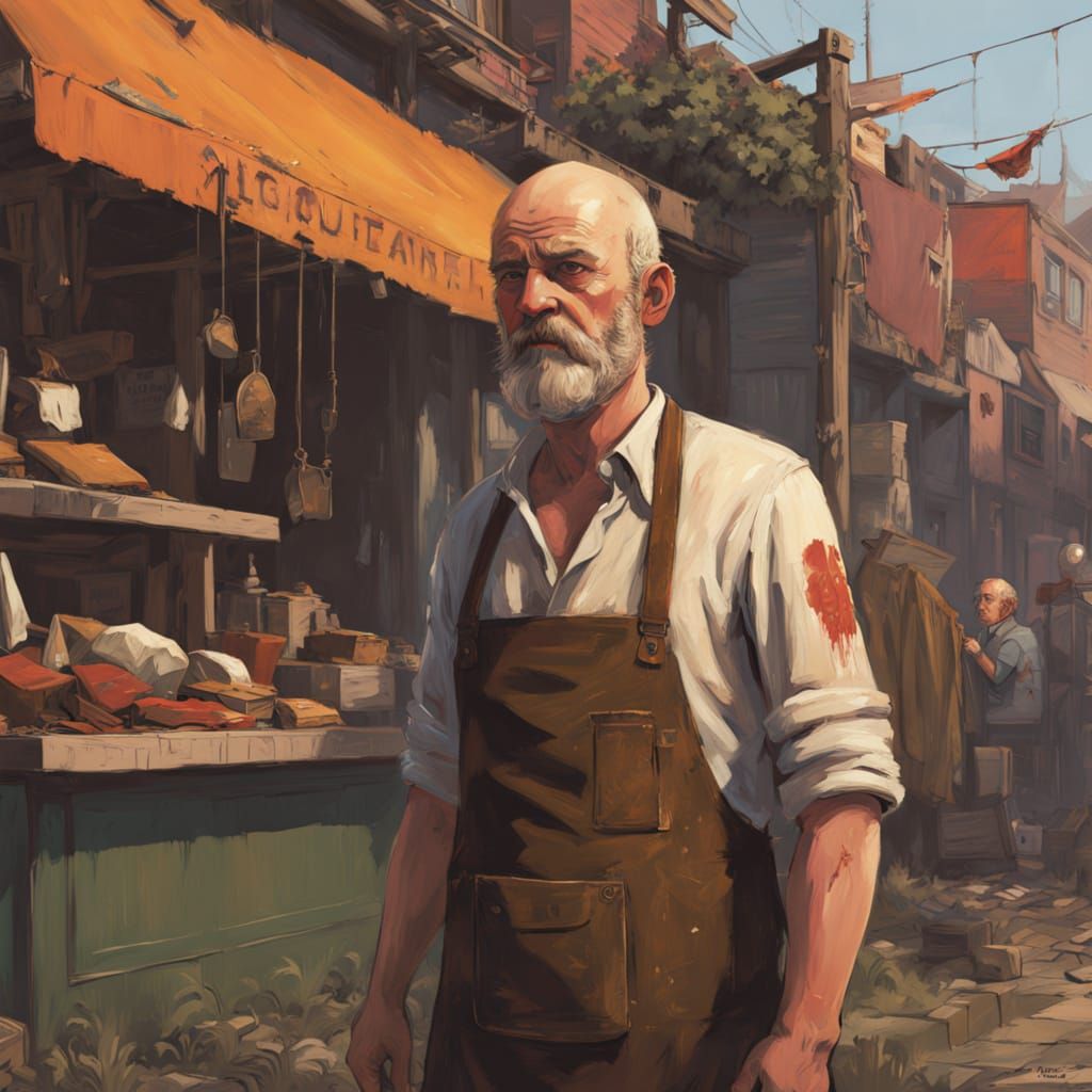 British actor middle age balding, jolly fat John Savident as an old fashioned butcher