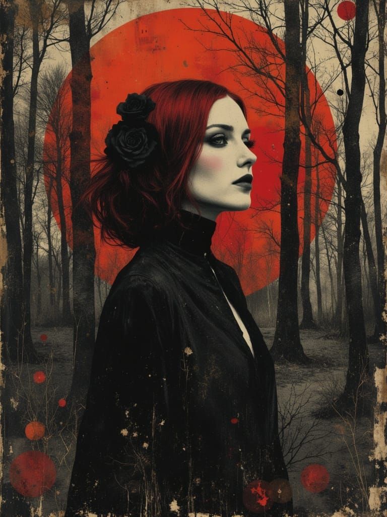 Gothic Woman Portrait in Forest at Sunset