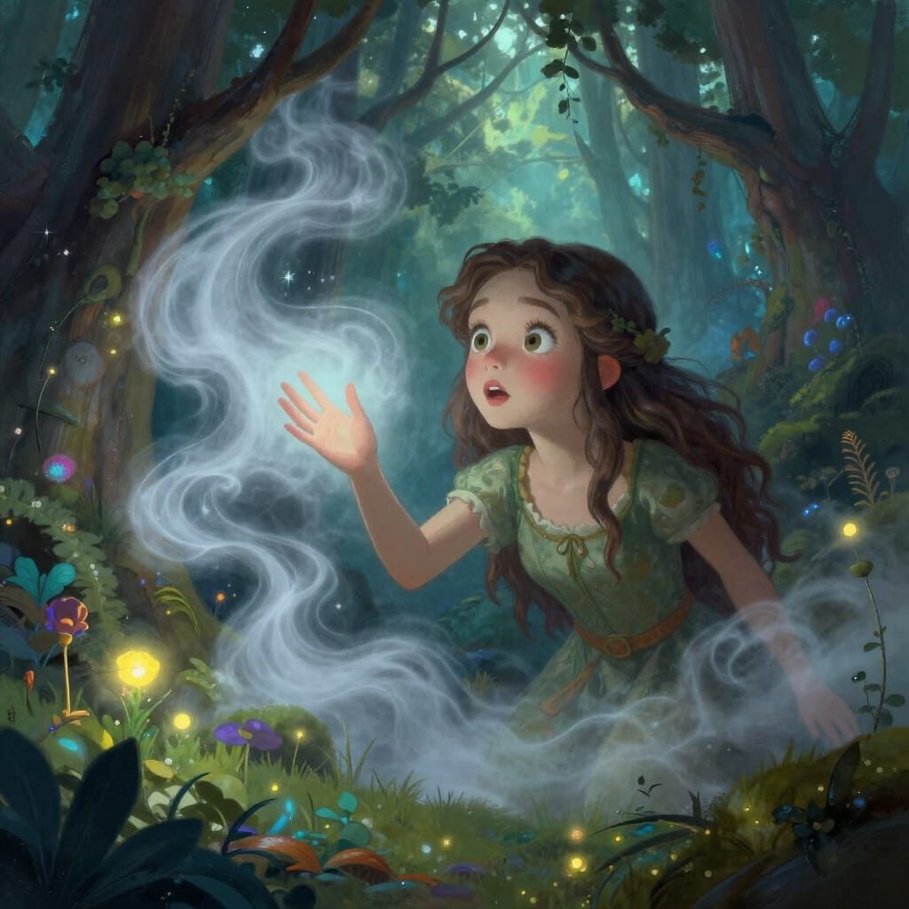 Enchanted Forest Mist With Woman in Fantasy Concept Art Styl...