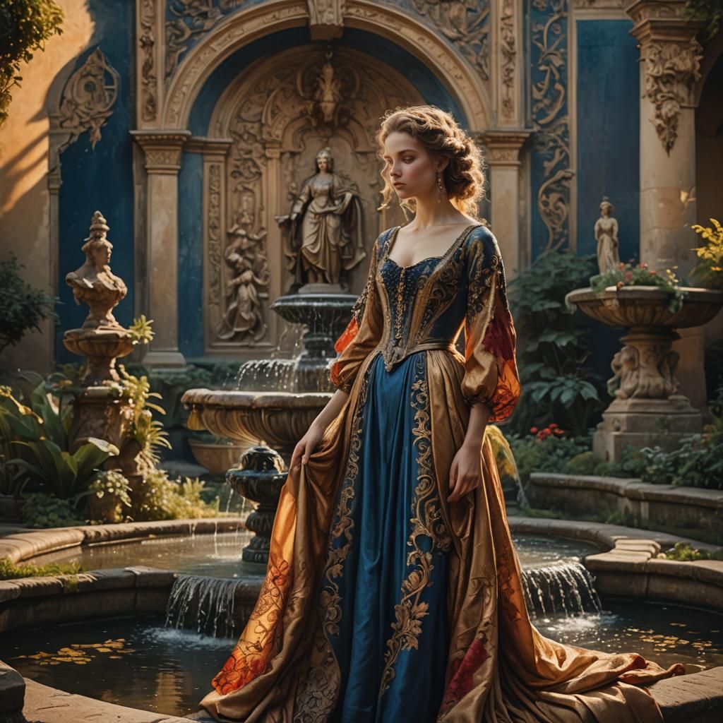 Baroque Woman in Palace Garden with Golden Light