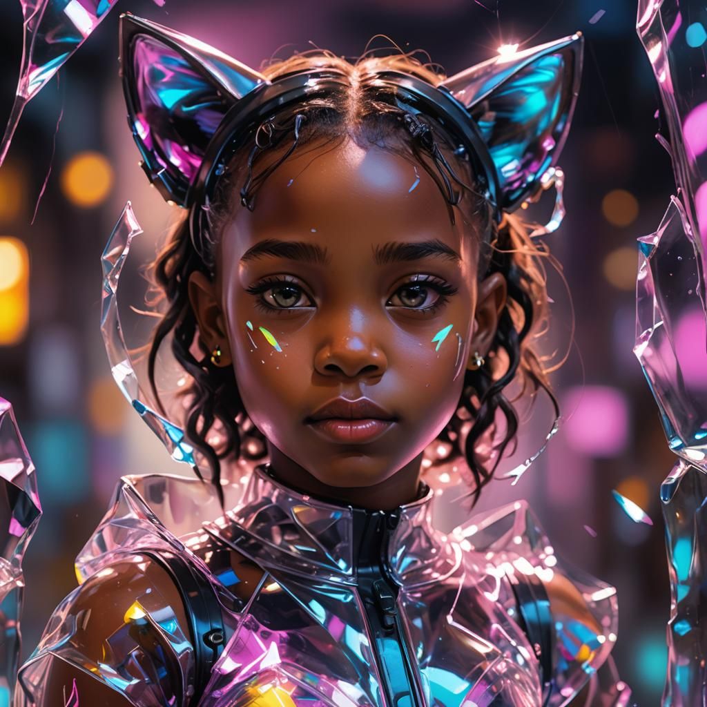 Futuristic Glass Catgirl: Hyper-Realistic Digital Art