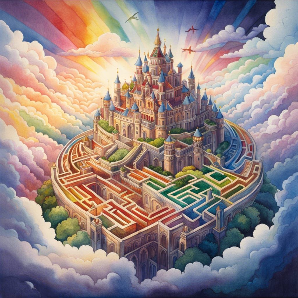 Fairytale Dreamcastle Cloud Maze Watercolour Painting