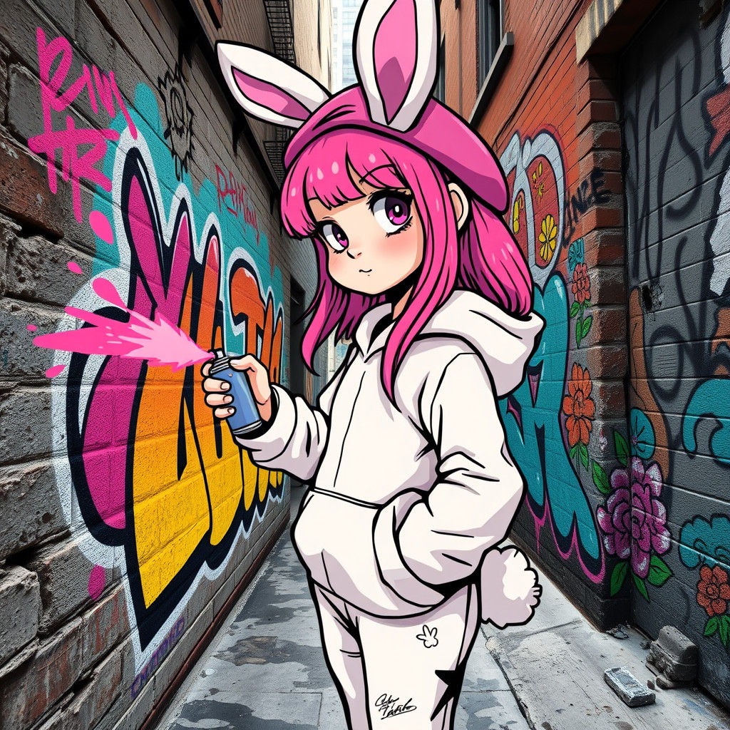 Pink cyber bunny  girl artist  paints street art graffiti