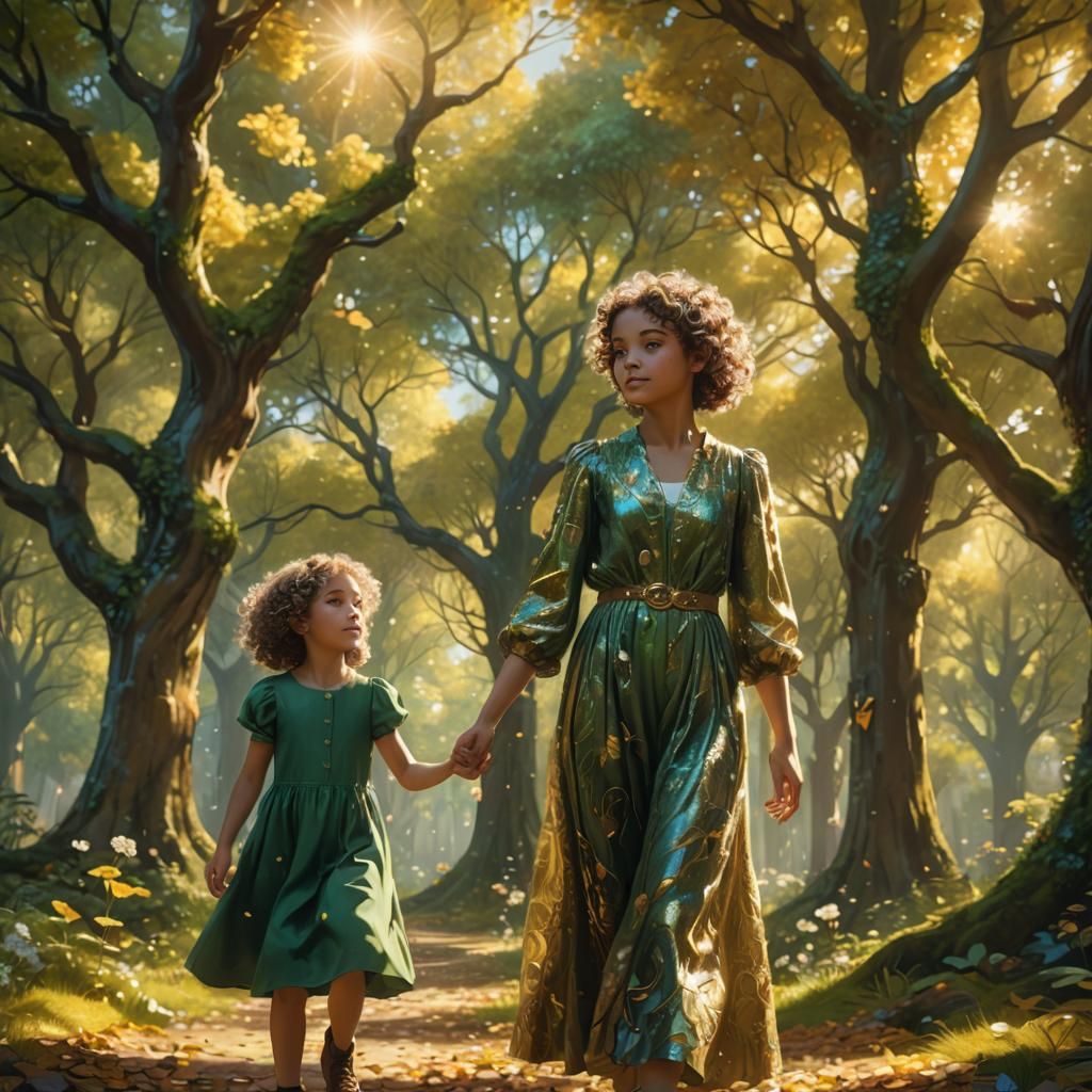 Girl with Curly Hair in Whimsical Forest