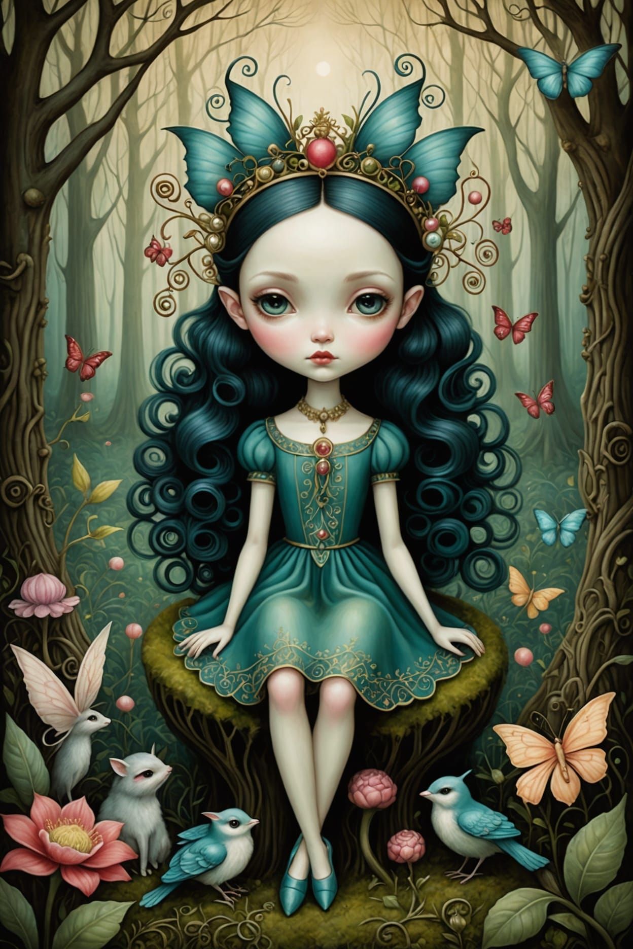 Surreal Woman in Enchanted Forest, as Pastel Art