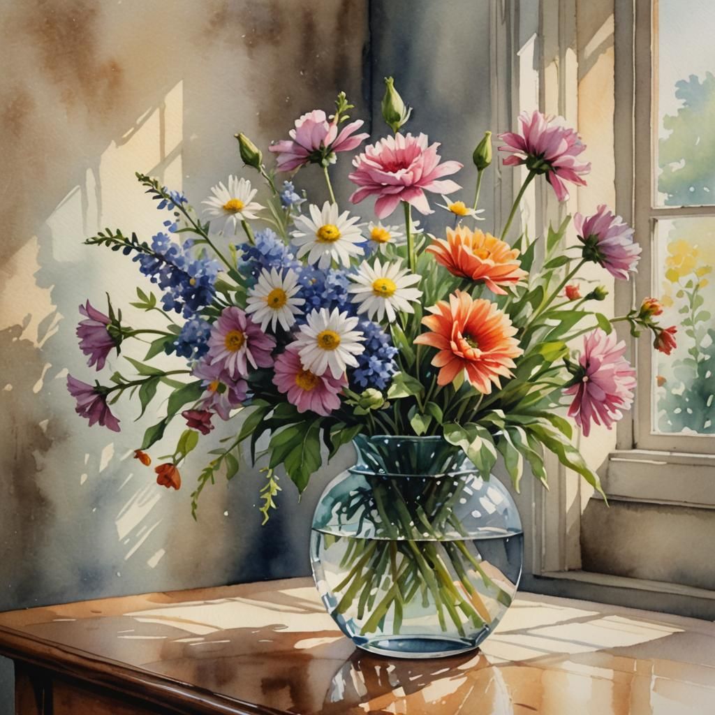 Watercolor Flowers in Vase: Realistic Interior Scene