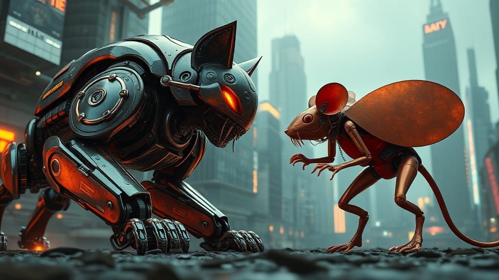 Mech Cat vs Mouse in Cyberpunk City