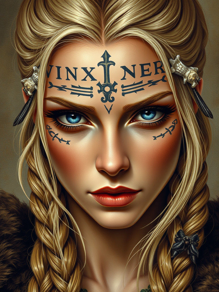 Viking Queen Portrait with Runes, in Fantasy Art Style