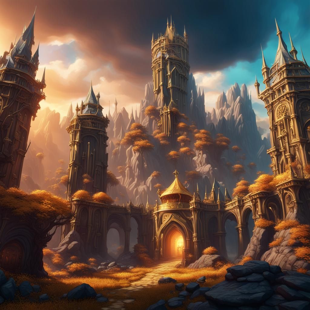 Fantastical Ruins with Gold Tower: Matte Painting