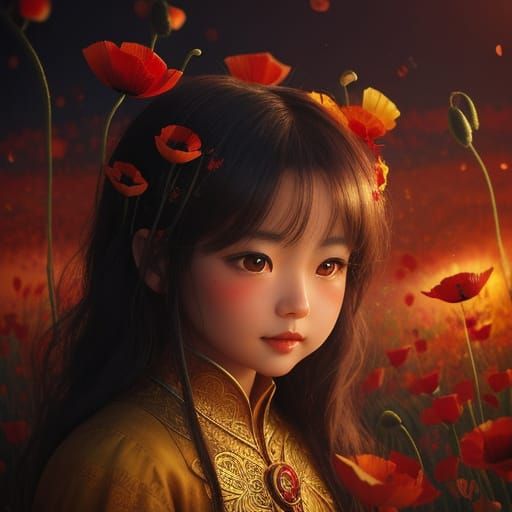 Chibi Honeybee Daughter in Poppy Field: Surreal Art