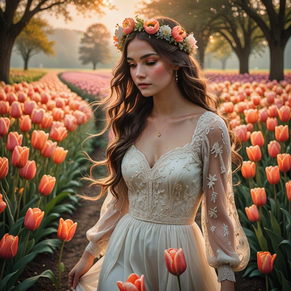 Ethereal Woman Strolls Through Vibrant Tulip Field in Whimsi...