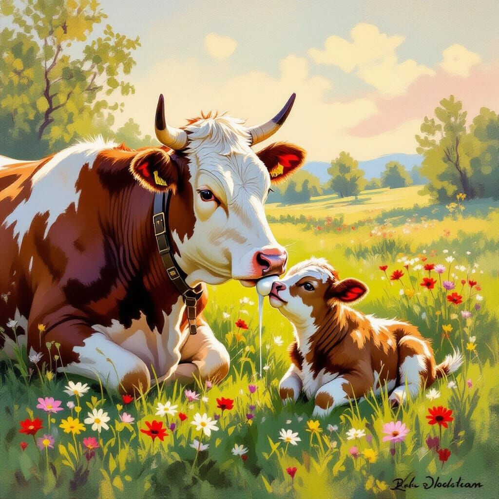 Cow and Calf in Meadow: Impressionist Style