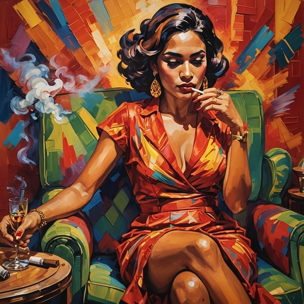 Cuban Cigar Lounge Scene with Woman Rolling Cigars