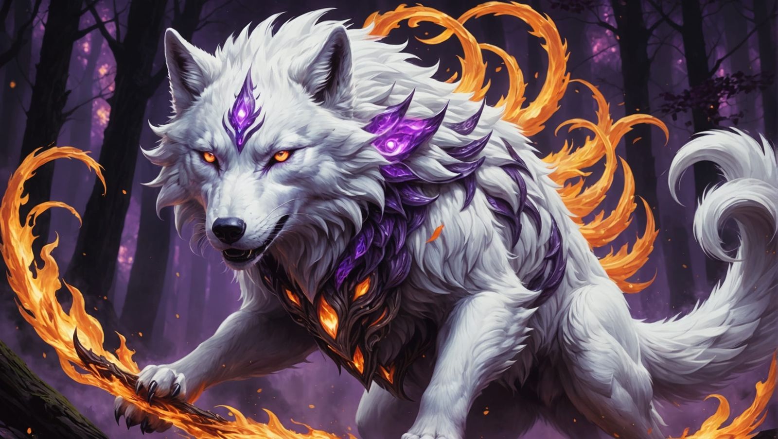 Nine-Tailed White Wolf with Fiery Breath