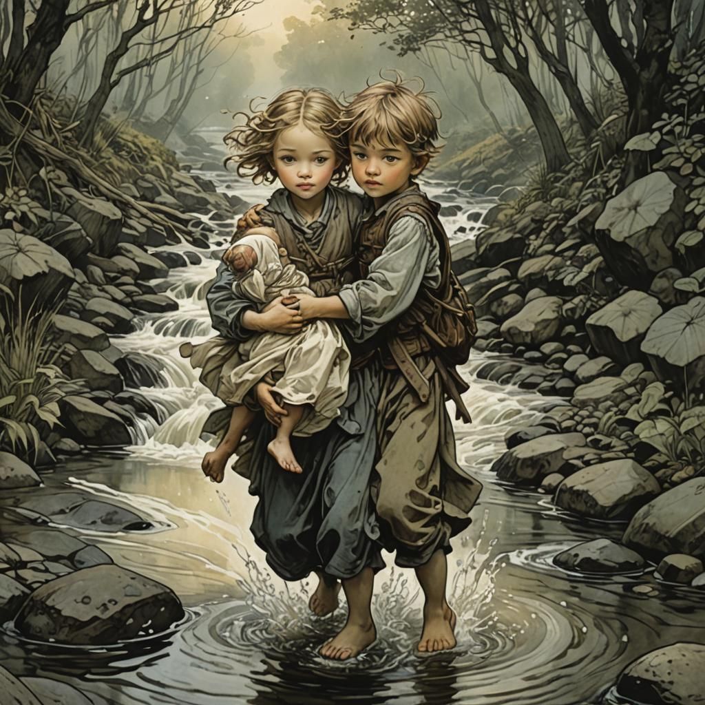 Brother and Sister Wading Stream in Fantasy Art Style