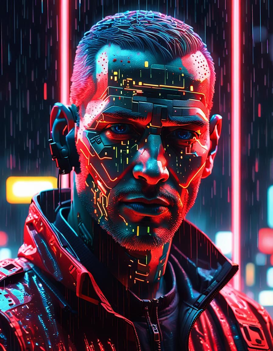 Cyberpunk Cyborg Portrait in Neon Digital Rain