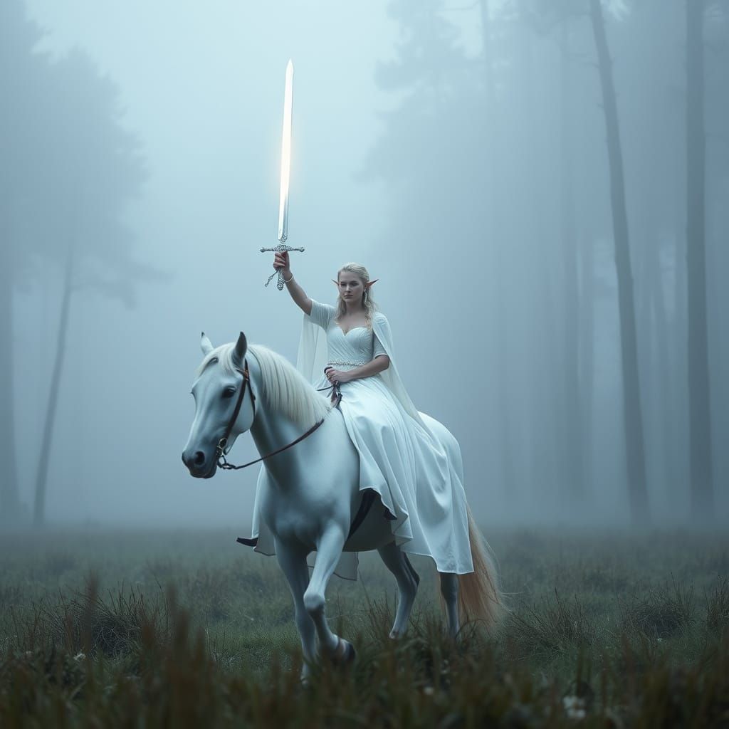 Elven Queen with Glowing Sword in Foggy Forest
