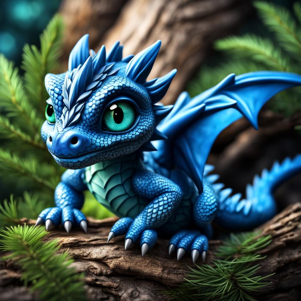 Cute Blue Chibi Forest Dragon: Hyperrealistic Image