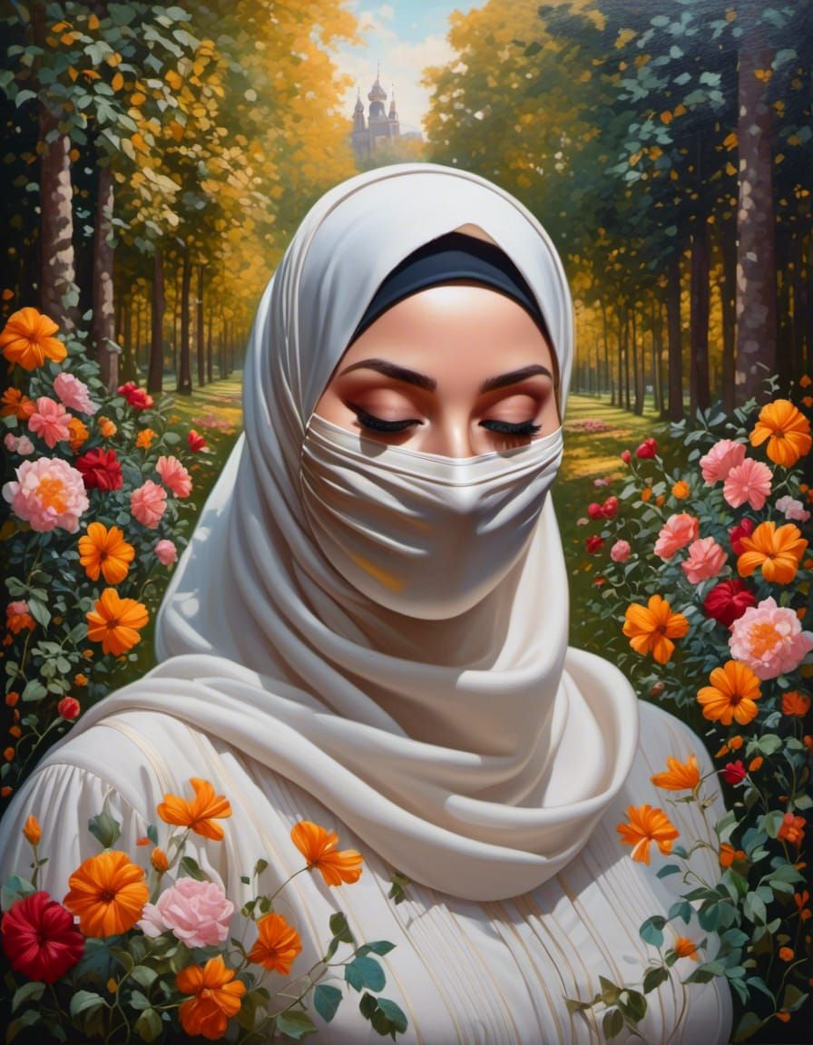 Masked Woman in Forest Garden, Oil Painting