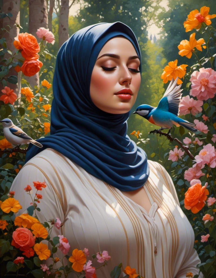 Beautiful Woman in Hijab in Forest Garden Oil Painting