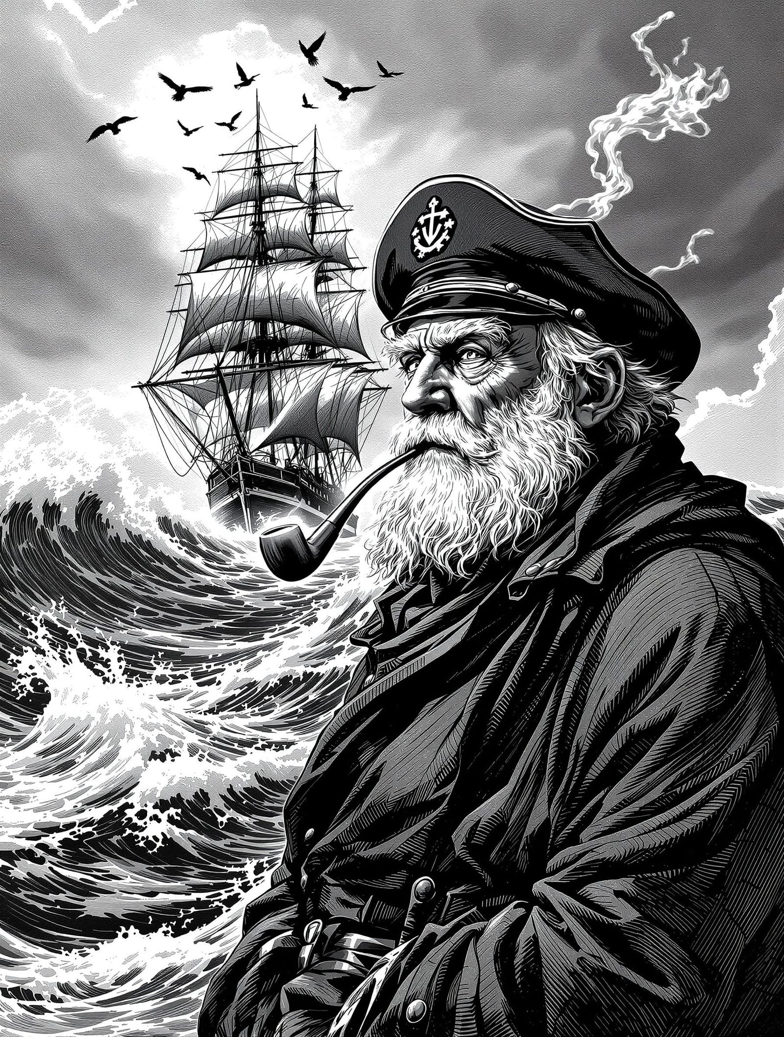 Grizzled Sailor and Tall Ship in Stormy Seas