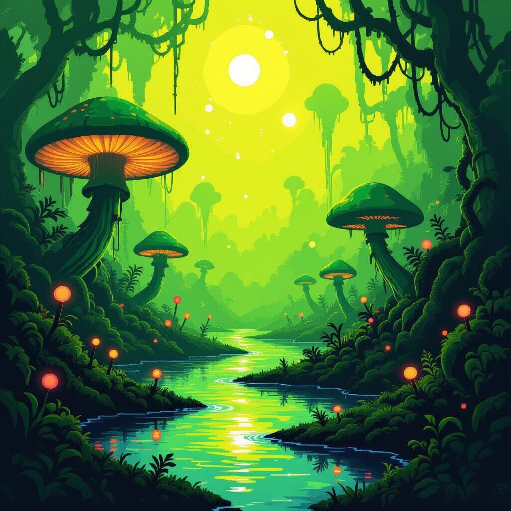 Pixel Art Alien Swamp with Glowing Flora