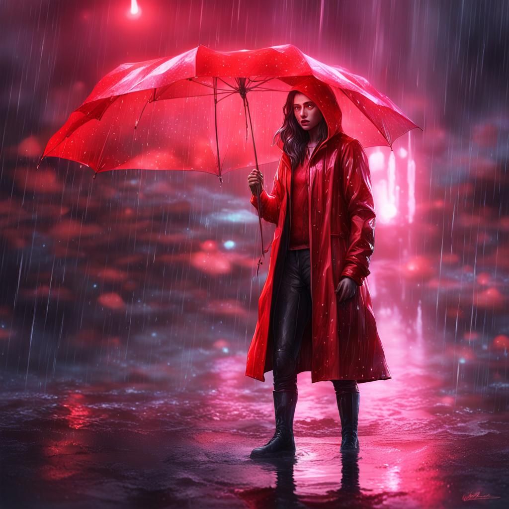 Scarlet Witch in Neon Raincoat: Hyperrealistic Digital Art