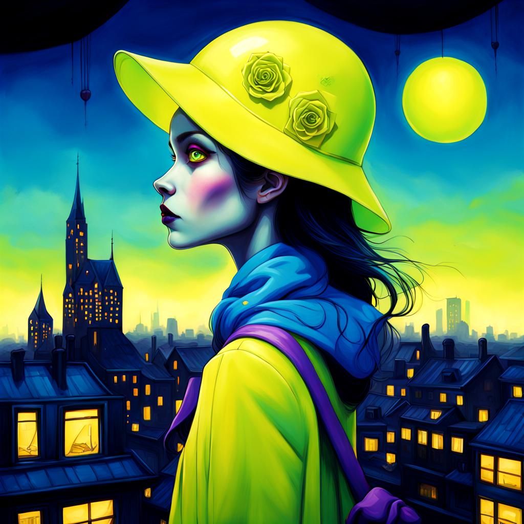Neon Portrait of Sleepwalker on Rooftop in Surrealist Style