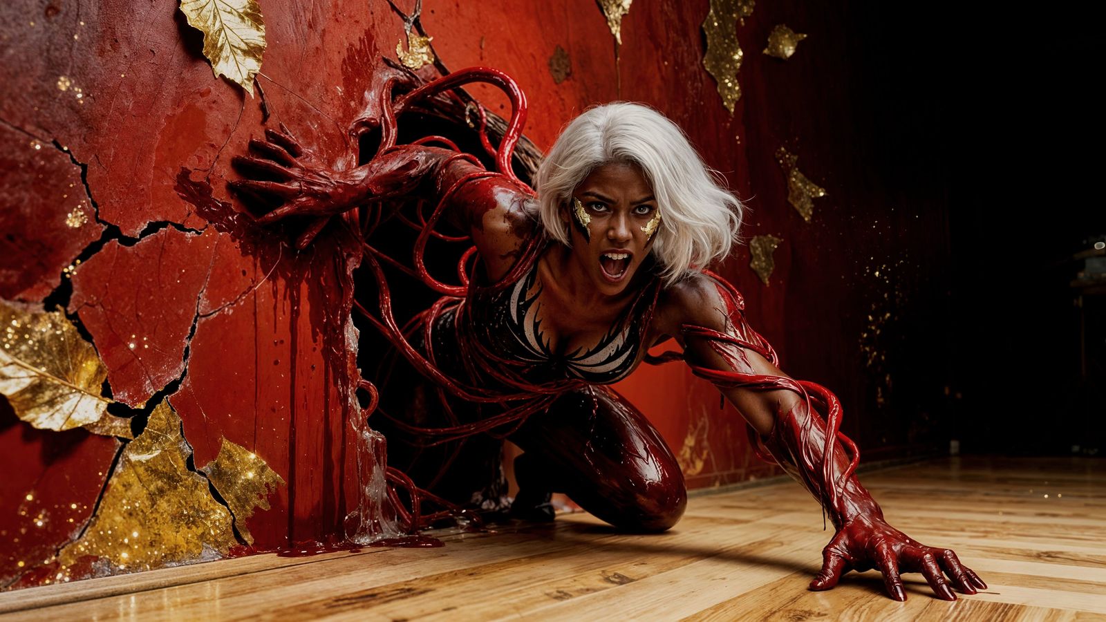 Powerful Woman Escapes Red Paint in Cinematic 8K Photo