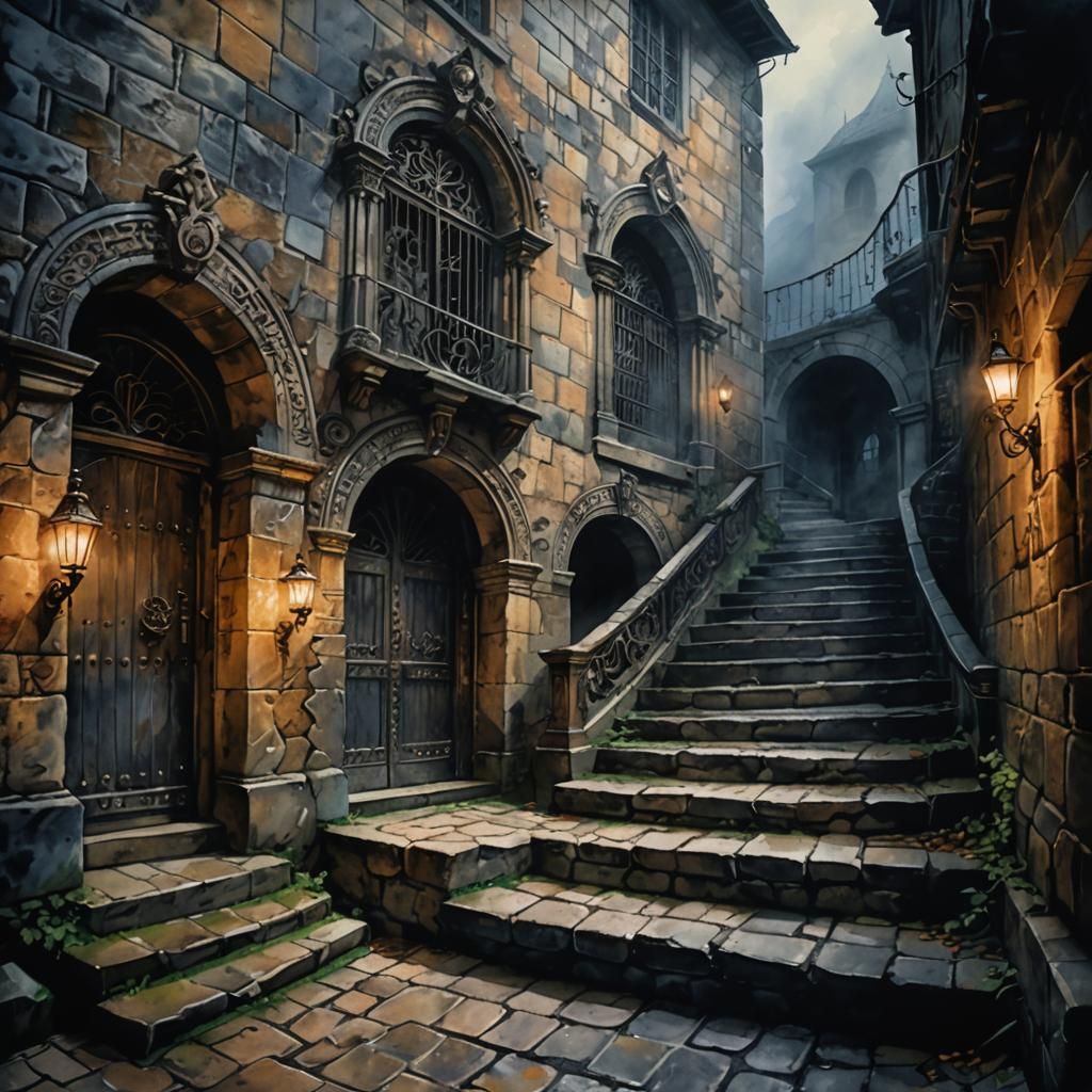 Baroque Dungeon Staircase in Watercolor Style