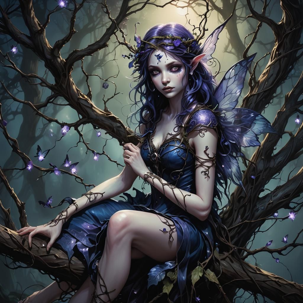 Eerie Dark Fantasy Fairy on Twisted Tree Branch