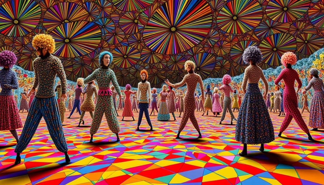 Surreal Op-Art Ballroom with Fractal Dancers and Infinite Pa...