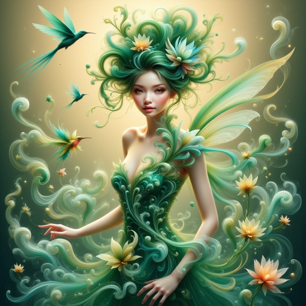 Enchanted Green Fairy in Whimsical Garden