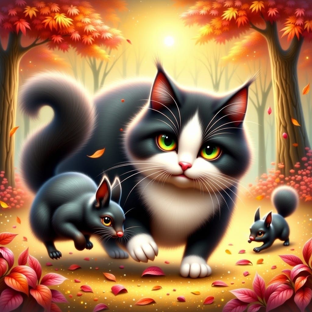 Tuxedo Cat and Squirrel Frolic in Autumn