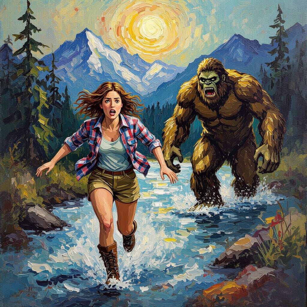Frightened Woman Fleeing Bigfoot in Impasto Style