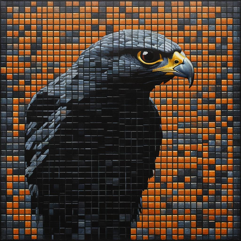 Falcon in Black Pixels: An Oil Painting