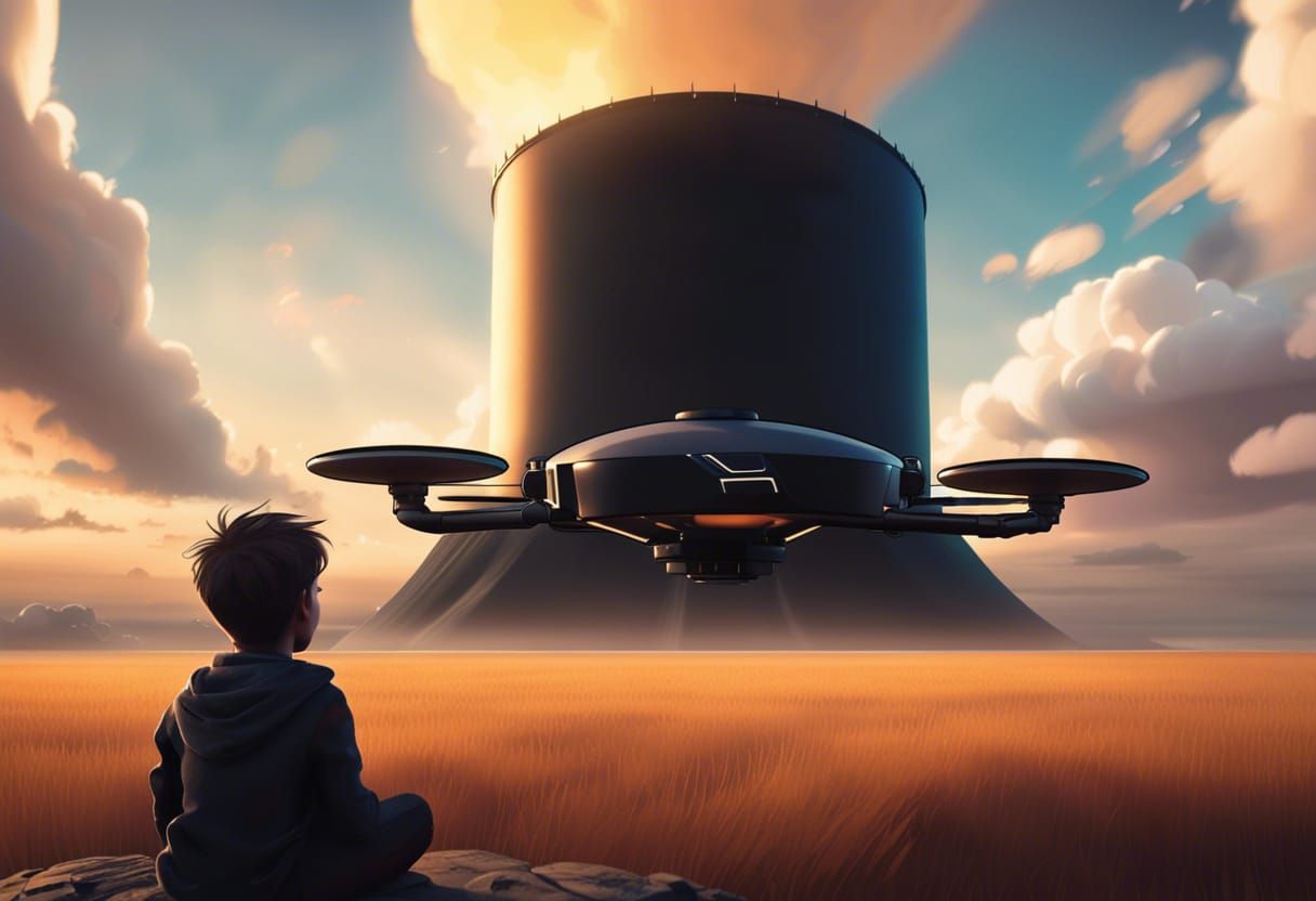 Futuristic Boy Flies Drone Toward Silo at Golden Hour